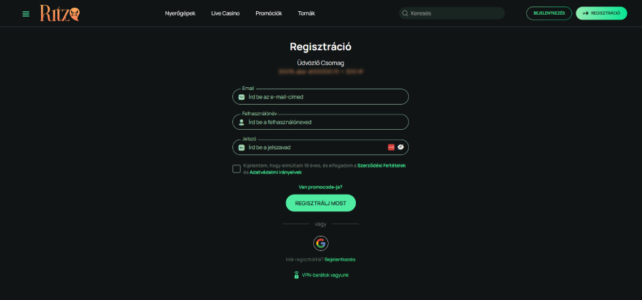 Ritzo Casino regisztráció